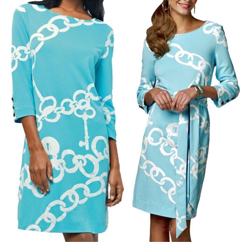 Lilly Pulitzer Jonah Shirley Blue Ball Chain link Turquoise Dress Small belt